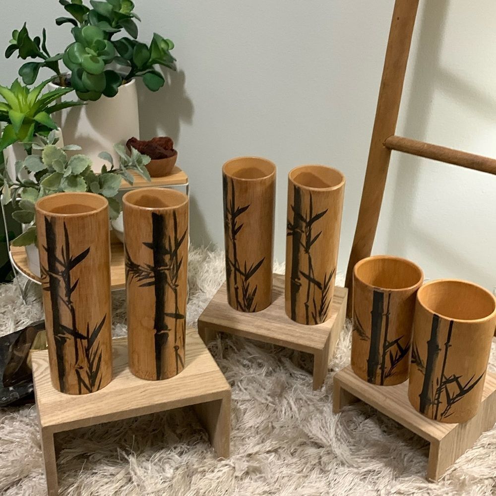 Angel Bamboo Cup Set Of 4 Tall 2‎ Short Handpainted Bamboo Drinking Cups Vintage